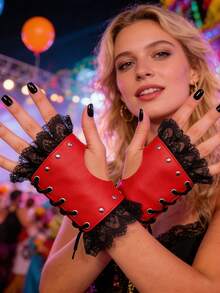 2PCS Women PU Leather Punk Gloves Rivets Belt Up Or Snap Half Finger Performance Mittens - A - View 9
