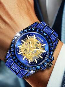 1 pieza Reloj mecánico de lujo para hombre totalmente cubierto de diamantes con correa de acero azul - mirar - Ver 7