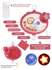 一套多功能遙控嬰兒床鈴玩具,具有音樂、投影、夜燈、掛飾、旋轉等功能,適合撫慰嬰兒和作為新生嬰兒撫慰玩具禮物 - 藍色 - 查看 8