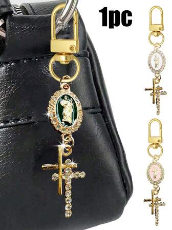 Brelok z zawieszką w kształcie krzyża, pereł i diamentów - Brelok do kluczy z krzyżem, zawieszka do torby, wisiorek w kształcie krzyża, dekoracyjny dodatek do portfela i plecaka, akcesoria do torebek i słuchawek, brelok do bagażu i samochodu z kółkiem - biżuteria jednoczęściowa inkrustowana perłami, diamentami i romantycznymi elementami, idealny prezent na Dzień Kobiet