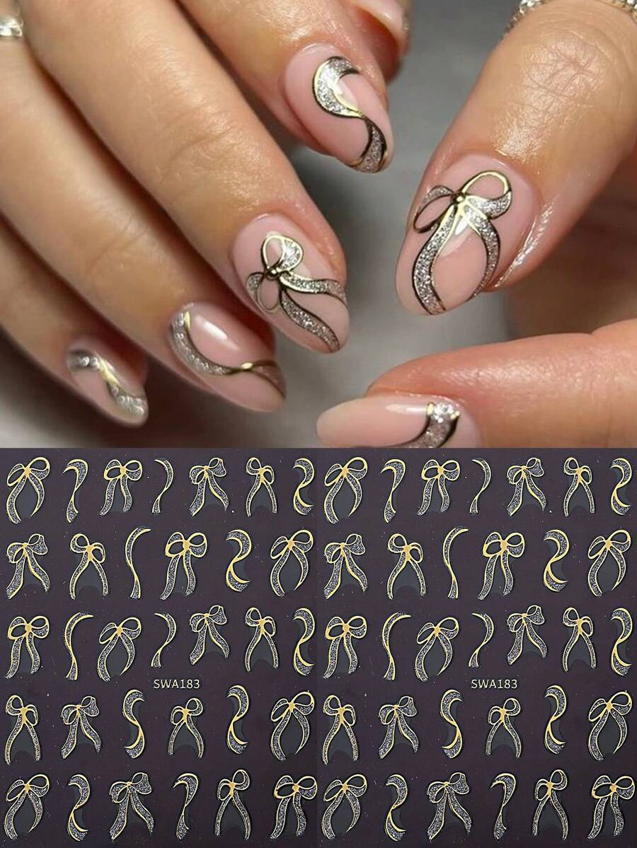 2片金色闪光蝴蝶结美甲贴纸，闪亮不对称蝴蝶结线条美甲贴花，自粘式DIY美甲装饰，适合女性和女孩在情人节、婚礼、节日、生日派对等场合使用。 - 金色 - 查看 1