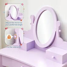 Tocador infantil, tocador con espejo ovalado, taburete a juego, cajón y juego de maquillaje de madera, tocador para niñas pequeñas. - Morado - Ver 6