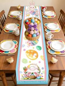 1pc Easter Table Runner, This Single Table Runner/Placemat Set Features Adorable Easter Bunny And Colorful Egg Basket Patterns, Made Of Washable Polyester Fabric With Scalloped Edge Trim, Durable For Easter Holiday, Spring Gatherings, Birthday Parties, And Family Events. Easter Home Decor, Easter Gift, Kitchen. - Multicolor - View 19