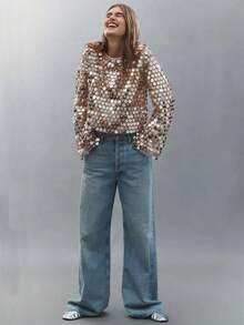 Womens Sequin Flared  Long Sleeve Blouse Tops Long Sleeve Sequined Loose Fit Glitter Sparkly Bell Sleeve Crew Neck Shirts Summer Holiday Beachwear Party Clubwear - 杏色 - 查看 5