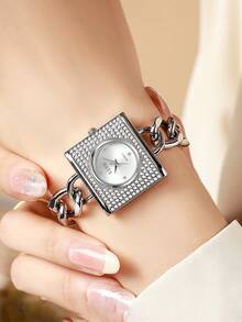 1pc/Set Square Fully Rhinestone Women's Bracelet Watch, Gold Thick Chain Paved Diamond Quartz Watch, Luxury Fashion Suitable For Women's Daily Wear Or Gift, Christmas, Valentine's Day, Ramadan, Eid, Carnival - one-size - View 12