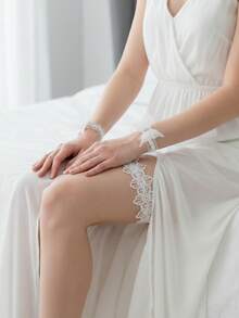 2pcs/Set Women Lace Leg Garter & Wristband, Hollow Floral Elastic Leg Warmers, Butterfly Wrist Cuffs, Bridal Wedding Dress Leg Decor, Costume Accessories - Multicolor - View 7