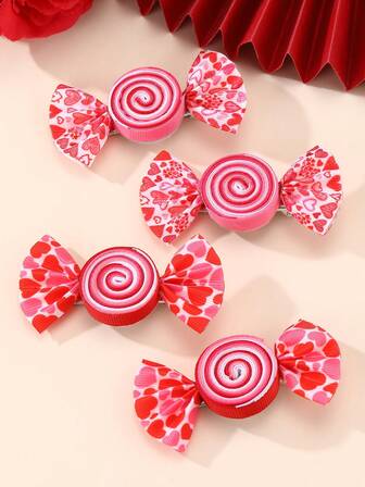 2pcs Women's Fashion Candy-Shaped Hair Clips With Pink & Fuchsia Heart Prints, Suitable For Daily Wear, Valentine's Day, Parties, Gatherings, And Balls