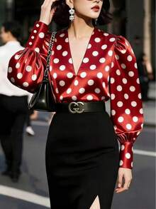 Elegant Women V-Neck Satin Long Sleeve Blouse, Red Polka Dot Top, Suitable For All Seasons - Red - View 7