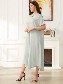 Elegant Embroidered Arabic Style Dress, V-Neck Short Sleeve With Embroidered Cuffs, Fashionable And Graceful 2026 New Style Ramadan Traditional - Mint Green - View 7