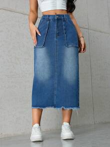 Chân váy denim nữ thời trang thường ngày, cạp chun co giãn, có túi hai bên, phù hợp cho mọi mùa. - Rửa trung bình - Xem 3