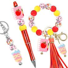 28 piezas Cuentas de silicona con tema de aprendizaje, incluyendo: 3D Manzana roja de cuaderno, Pajarita de silicona rosa, Cuentas redondas de flores pequeñas de colores para hacer joyas, aretes, collares, bolsos, cadenas de teléfono, brochas de maquillaje, manualidades DIY, adecuado para regalos de vacaciones, cumpleaños, vuelta al cole, Halloween, Acción de Gracias, Navidad - Serie de papelería - Ver 3