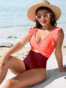 Womens One Piece Swimsuits Tummy Control Bathing Suits Ruffle Sleeve Cutout Swimsuit V Neck Wrap Swimwear,Local Delivery - Rose Red Color Block - View 5