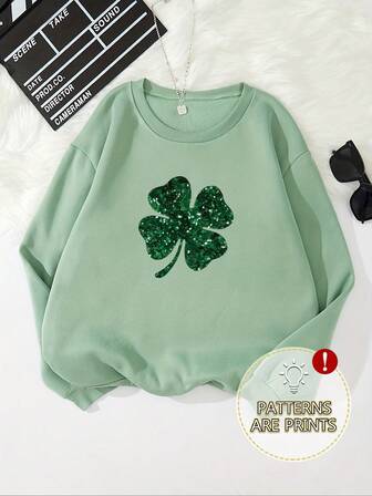 女士三叶草亮片印花卫衣，宽松版型长袖套头衫，浅灰色，适合毕业季、返校季、教师节、秋季穿着。