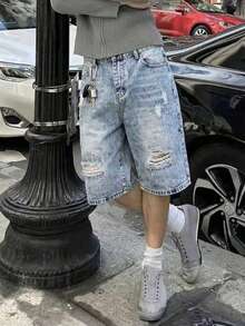 Boys' Fashionable Denim Shorts With Elastic Waistband And Distressed Design, Suitable For Summer Outdoor Activities - Medium Wash - View 1