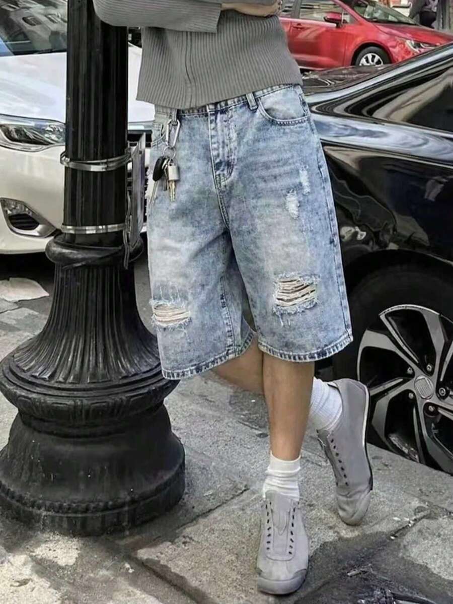Boys' Fashionable Denim Shorts With Elastic Waistband And Distressed Design, Suitable For Summer Outdoor Activities - Medium Wash - View 1