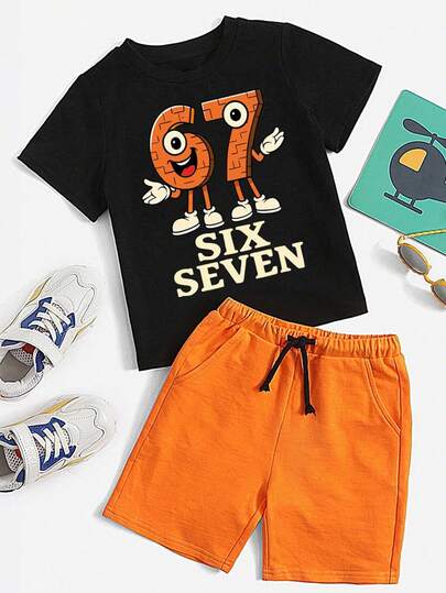 Tween Boys Cartoon Print Short Sleeve T-Shirt And Shorts Set