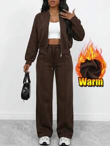 Women's Casual Solid Color Zip-Up Cardigan And Straight Leg Pants Set, Fashionable And Versatile For Daily Wear, Autumn/Winter Spring - Brown - View 3