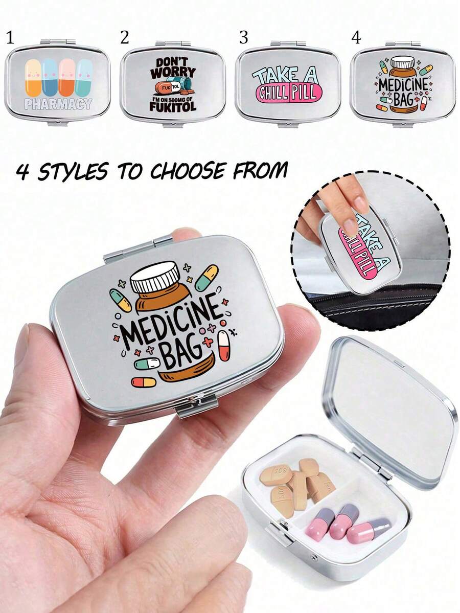 Square Pill Box With Capsule, Tablet, Letter, Bottle Patterns, Portable Medication Storage Compartment, Mini Metal Storage Box, Compact Jewelry And Pill Case, Travel Medicine Box, Large Capacity Compartment, Weekly Pill Organizer, Suitable For Daily Medications And Vitamins, Essential For Doctors And Nurses, Emergency Needs, Travel, Hiking First Aid, Creative Gift With Cartoon Logo