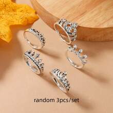 2pcs/3pcs/5pcs Vintage Crown Design Ring Set, Random Style, Suitable For Everyday Wear - Antique Silver - View 10