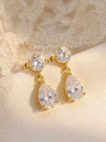 1pair Wedding Bride Teardorp Earrings For Women, Dainty Gold Dangle Earrings Elegant Bridal Earrings Long Cubic Zirconia Drop Earrings Dainty Silver Dangly Earrings For Women Silvers Bridesmaid Jewelry - Multicolor - View 5