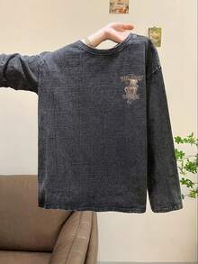 女士休闲宽松圆领长袖T恤，复古水洗黑色，可爱小熊字母印花，适合春秋季穿着 - 黑色 - 查看 2