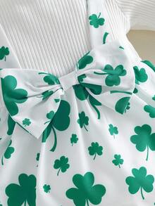 Irish Day Infant Baby Girl Spring Outfit Clover Ribbed Fake Two-Piece Long Sleeve Shorts Romper And Bow Headband 2 Piece Set Cute Leisure Festival Clothes Ideal For 3-24Months - White - View 8