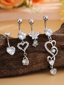4件套不锈钢蝴蝶双心锆石肚脐环饰品套装，性感穿孔饰品，适合日常佩戴 - 銀色 - 查看 6
