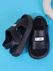 1 Pair Unisex New Style PU Hook And Loop Design Flat Open Toe Sandals, Soft Sole Non-Slip Children Beach Shoes, Suitable For Summer - Black - View 2