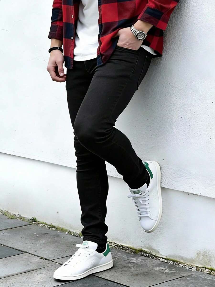 Men's Slim Fit Stretch Black Denim Jeans, Streetwear Casual Comfortable Style, Suitable For Daily Outdoor Wear, All-Season Men's Bottoms - Black - View 1