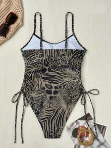 2026 Women's Fashionable Sexy Leopard Print One-Piece Swimsuit, Spaghetti Strap Side Tie Design, Suitable For Summer Vacation And Beach Getaway - Yellow Leopard Flower - View 3