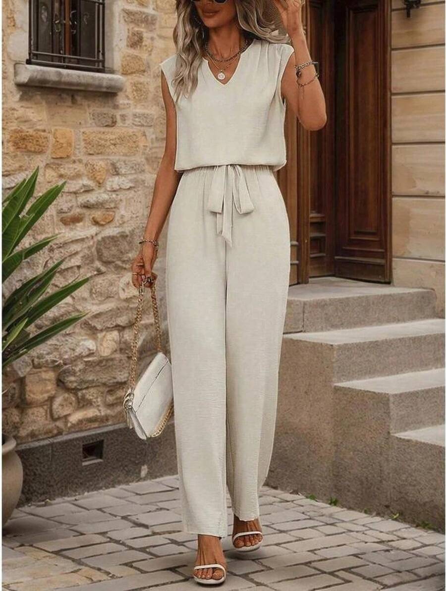 Two-Piece Set Women's Plain NotchedNeck Tank Top & Tie Front Pants Set,Casual Sleeveless Top & ElasticWaist Trousers For Summer, LadiesClothes For Daily Wear, Womenswear - Màu Khaki - Xem 1