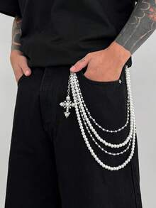 1pc Vintage Punk Style Multi-Layer Faux Pearl Waist Chain, Crystal Cross Decor, Unisex Accessory, Creative Boyfriend Birthday Gift - Multi-layered Pearl Trouser Chain - View 3