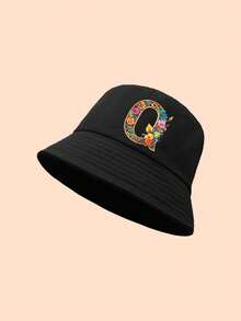 1 Stück Blume Muster 26 Buchstaben Kinder Fischerhut, modisch & vielseitig, geeignet für Mädchen Rückkehr zur Schule Alltagskleidung und Sonnenschutz - Schwarz - Übersicht 13