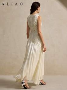 Aliao 优雅 3D 激光切割腰线无袖背心斜开衩长裙，欧式风格，波西米亚复古风，单身派对，返校季，假日装扮，派对礼服，舞会礼服，做工精良，夏季女装，复活节，锐舞音乐节装扮，演唱会女装，早午餐女装，婚礼宾客礼服，波西米亚风 - 杏色 - 查看 8