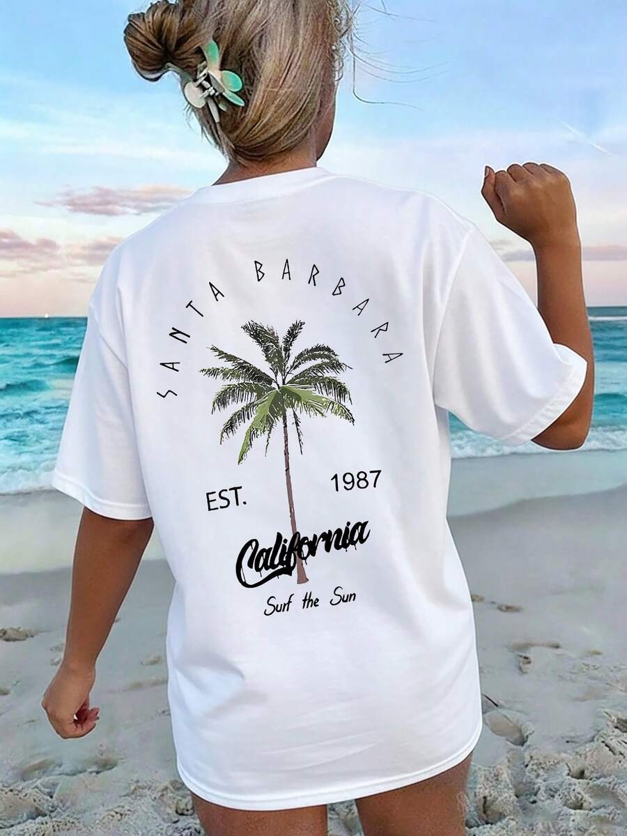 女士休闲圆领棕榈树字母印花度假风短袖T恤上衣，白色和粉色 - 白色 - 查看 1