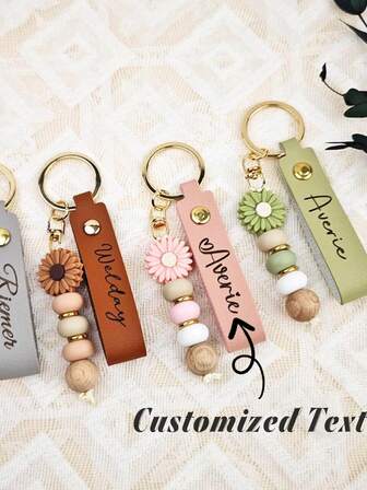1 st handgjord nyckelring med pärlor i present, anpassad lädernyckelring med pärlor i present, elegant nyckelring i konstläder med pärlor och blommor