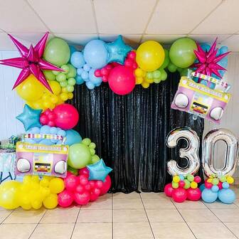 143pcs/Set 80s Music Theme Balloon Garland Arch Set, Includes Radio, Metallic Fuchsia Star Balloons, Fuchsia, Blue, Green, Yellow Latex Balloons, Suitable For 80s, 90s Disco Birthday Party, Rock Theme, Graduation Dance Decor, Birthday Theme, Hip Hop Karaoke Party Decor, Carnival Decoration