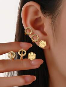 Conjunto de 6 brincos geométricos, ideal para mulheres, brincos de cobre banhados a ouro 18K, joias com pinos, presente perfeito para o Dia dos Namorados e Dia das Mães. - Ouro - Ver 3