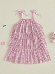 Toddler Girls Sequin Dress Sparkly Princess Birthday Pageant Party Dresses Little Girls Tie Shoulder Layered Dress - 粉色 - 查看 1