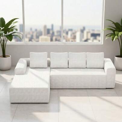 Sofá esquinero Cloud con chaise longue en forma de L, moderno sofá modular con asiento profundo, sofás tapizados con chaise longue a la derecha para salón o dormitorio, no requiere montaje, color blanco (tela de pana suave)