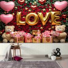 1 Romantic Valentine's Day Theme Polyester Background Fabric, Durable, Festive Red And White Decor With Heart Balloons, Roses, And Teddy Bears, Perfect For Store Windows Or Party Atmosphere - Multicolor - View 4