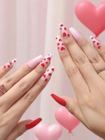 24 st långa kistformade press-on naglar, persikahjärta och ombrevit gradientmanikyr, elegant och feminint nagelset, lämplig för alla hjärtans dag, dejter, presenter, kontorskläder, inkluderar 1 st jelly gel och 1 st nagelfil