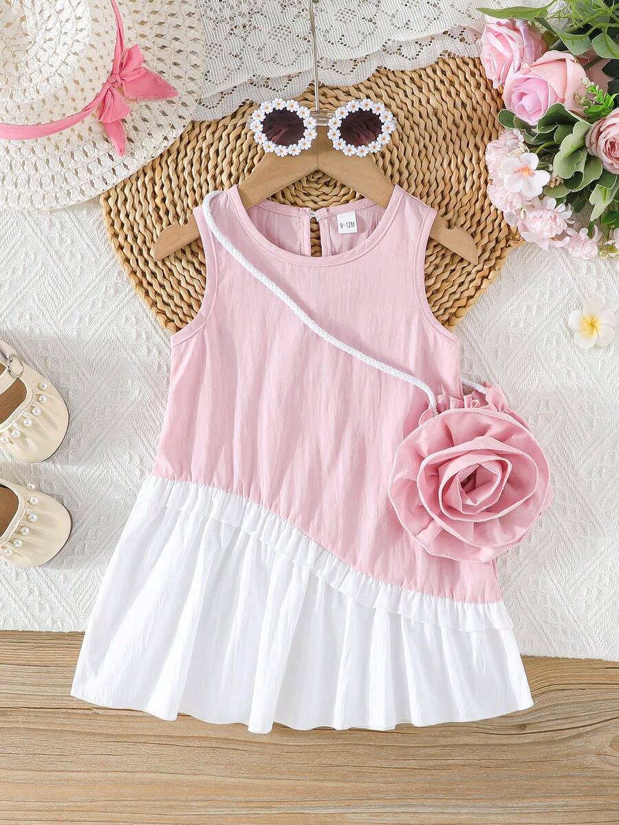 Baby Girl Sweet Ruched Hem Sleeveless Dress + Rose Crossbody Bag, Snap Closure At Back, Fashionable Infant Outfit For Daily Outings - Pink - View 1