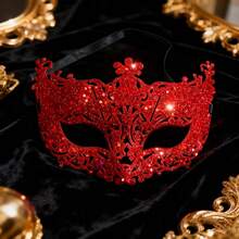 1个红色闪光镂空狐狸面具，威尼斯蕾丝化妆舞会面具，塑料半脸面具，适用于情人节、万圣节、圣诞节、节日、主题派对、化装舞会、威尼斯狂欢节、戏剧表演、摄影道具、贵族舞会用品、派对服装 - 紅色 - 查看 11