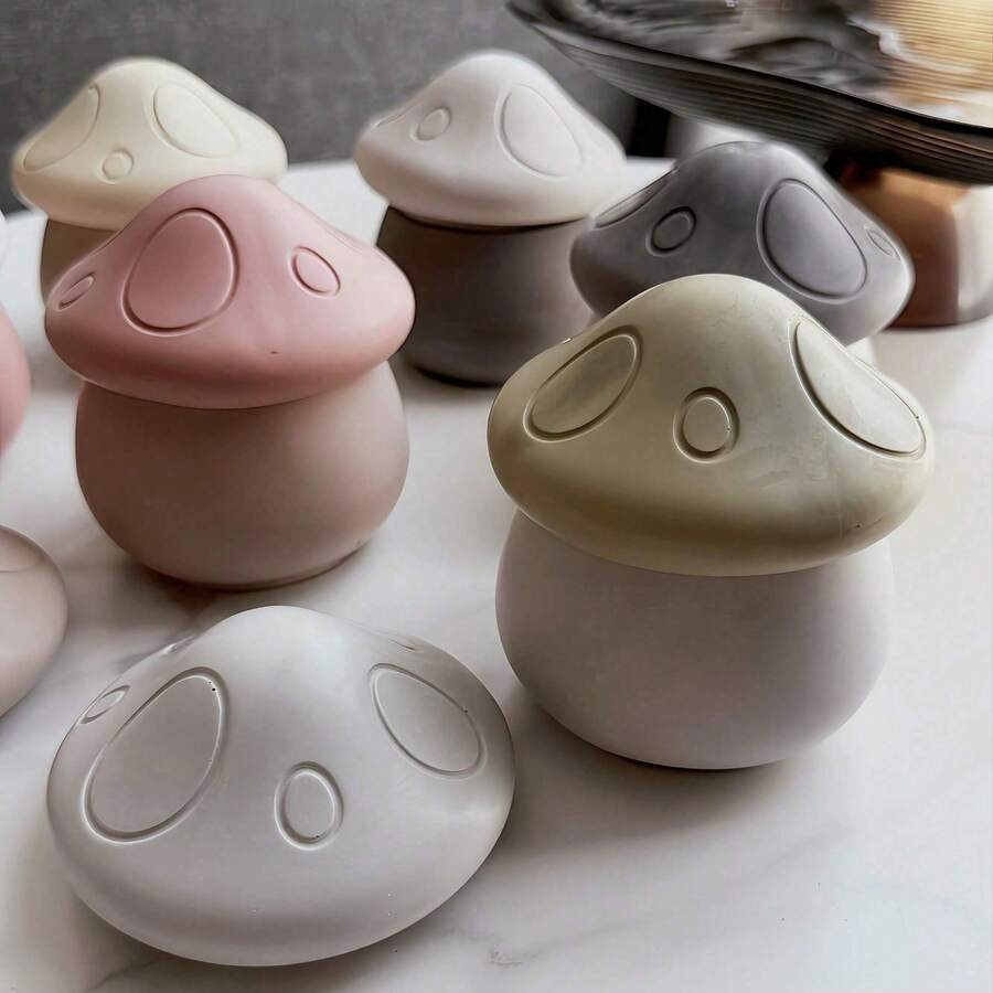蘑菇硅胶模具套装 - 3D收纳盒、烛台、花盆和树脂罐模具，适用于石膏、水泥和DIY工艺品 - 白色 - 查看 1