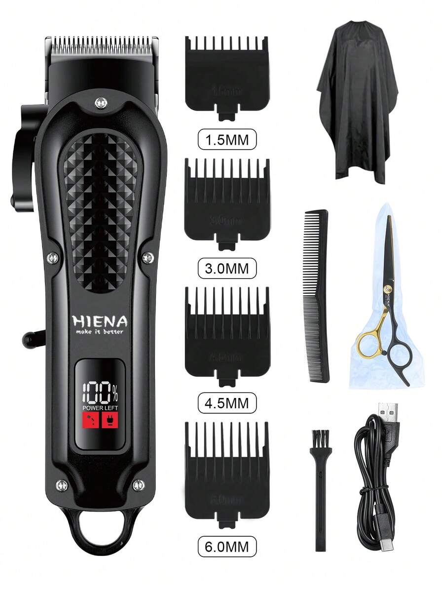 HIENA 1个可充电专业理发器 - 无绳理发器，带可调节梳子，可修剪胡须，剃须，适合男士理容，易于清洁，LED显示屏，电池续航时间长