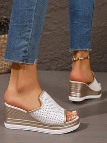 Nuevas sandalias de plataforma y cuña para mujer de verano, pantuflas con suela gruesa y parte superior transpirable, colores contrastantes, adecuadas para uso casual, vacaciones, elegante y uso en la playa - Blanco - Ver 6