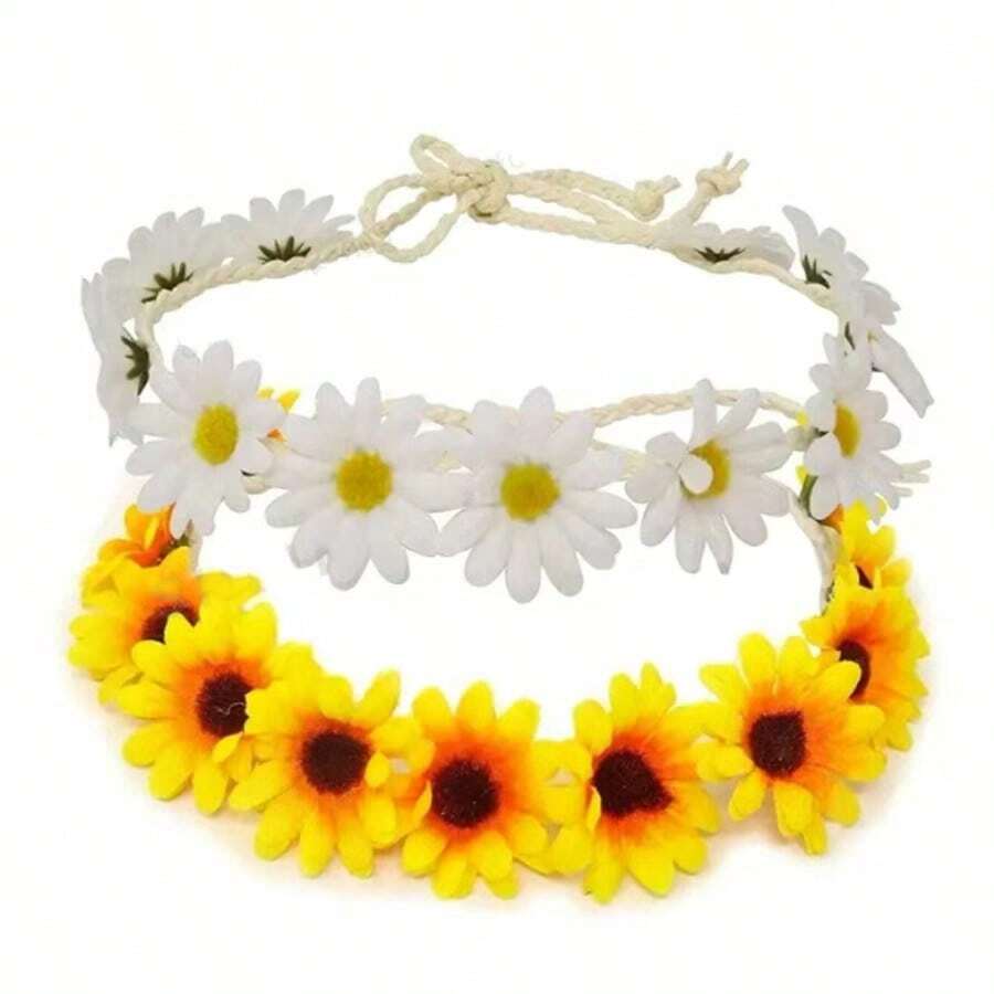 1 pieza Diadema con margaritas lindas, Tocado de trenza estilo bohemio, Accesorio para el cabello corona de flores de girasol - Multicolor - Ver 1