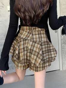 小码高腰格纹半身裤，显瘦拉长腿型，甜美迷人，春秋季穿搭 - 卡其色 - 查看 5