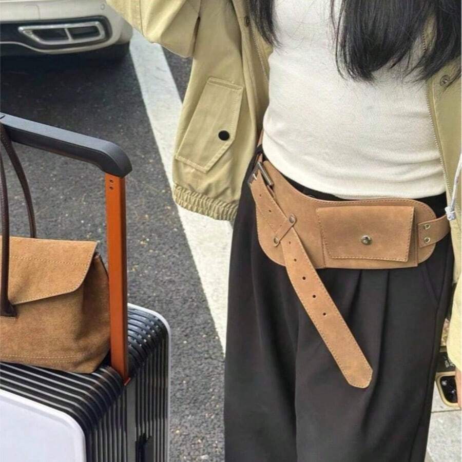 1件复古棕色麂皮宽腰带，奢华皮革腰包，多功能装饰裙袋 - 彩色 - 查看 1